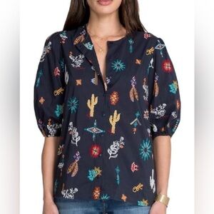 Johnny Was Louanne Embroidered Button Down Shirt Size Large Aztec Western BoHo